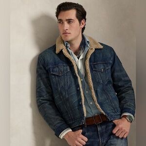 NEW Ralph Lauren Blue Denim Trucker Jacket (XL) Tan Sherpa Snaps USA Patch